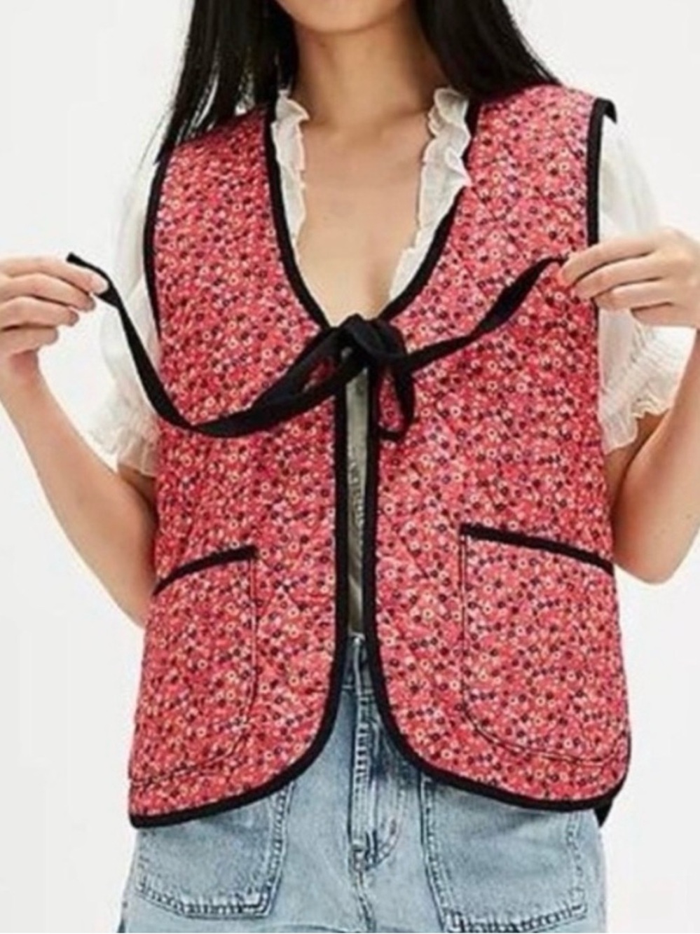 Free People Pink Floral Quilted Vest with Black Trim